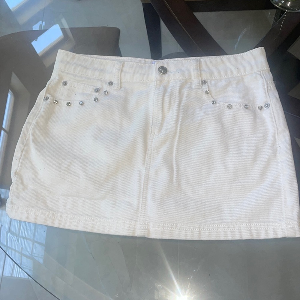 Princess Polly White Denim, Diamond Studded Mini Skirt